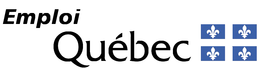 Logo d'Emploi Québec avec les mots "Emploi Québec" et quatre carrés bleus contenant chacun une fleur de lys blanche, sur un fond clair.