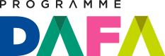Logo du programme DAFA, avec "PROGRAMME" en lettres capitales noires au-dessus de grandes lettres colorées "DAFA" en bleu, vert, rose et jaune, chacune avec un triangle en haut.